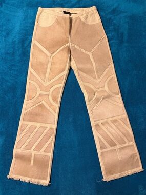 BCBG Tan Patchwork Suede Straight-Leg Pants